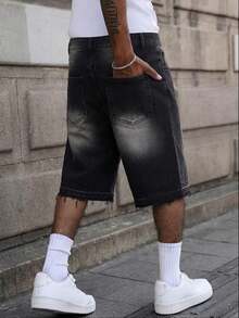 Mud Yellow Washed Straight-Leg Cropped Jeans, With Frayed Hem Design, Featuring Distressed And Faded Effect, Vintage Casual Shorts - Black - View 4