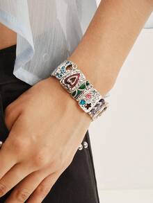 Nocturel 1pc Women's Fashion Elastic Bangle, Vintage Boho Style With Crown, Hollow Heart & Spiral Geometric Letter Print Mix Design, Great For Vacation - Multicolor - View 5