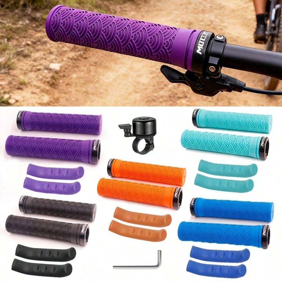 MOTSUV 3pcs Bicycle Accessories Set, Non-Slip Rubber Lock-On Grips, Comfortable Shock-Absorbing Handlebar Covers For Mountain Bike, With End Caps, Bell And Tools - Multicolor - View 1