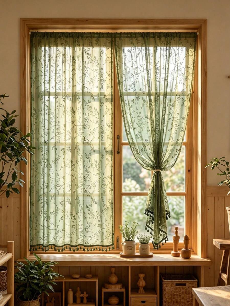 1pc Green Jacquard Leaf Pattern Transparent Curtain, Semi-Sheer Rod Pocket Kitchen Curtain With Grommets, Easy To Hang, Perfect For Bedroom, Living Room, Office Decoration, Home Decor Curtain (200g Fabric Weight) - Multicolor - View 1