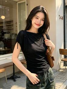 黑色小眾極簡主義抓皺紋理短袖T恤 女款夏季新款修身顯瘦設計上衣 - 黑色 - 查看 3