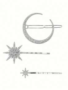 3pcs European & American Hair Accessories Set, Vintage Moon Sun Star Hair Clips, Rhinestone Straight Clip Side Clip - Multicolor - View 8