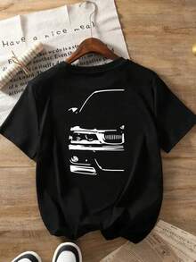 Double Floral Print, Short-Sleeved T-Shirt With Front And Back Prints, Retro Car, Classic Vintage Car Print Round Neck Women'S Casual Short-Sleeved To - Black - View 12
