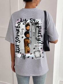 SHEIN X FRIENDS Summer Women Grey Double Sided Door Character Graffiti Letter Print Loose Casual Short Sleeve Tee - Light Grey - View 4