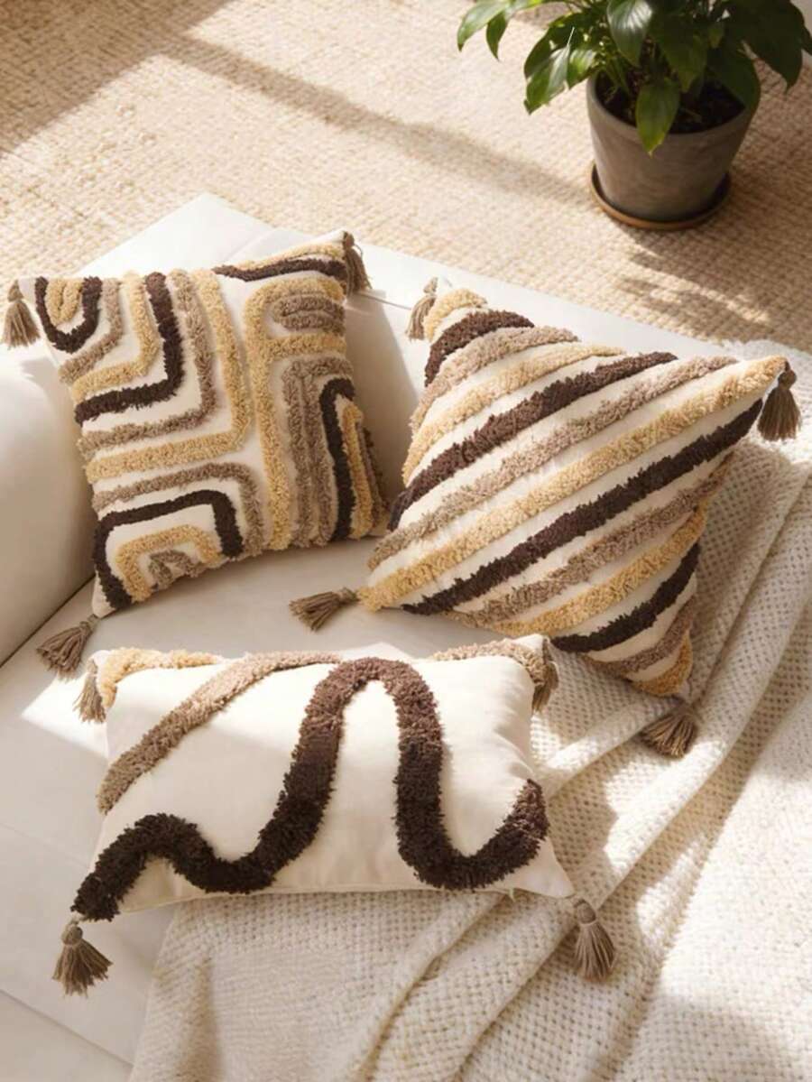 抽象簇絨枕套，中世紀現代幾何靠墊套，紋理刺繡裝飾，12x20/18x18英吋 - 卡其色孤煙 - 查看 1