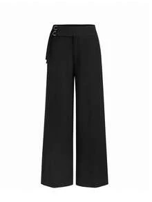Women's Elegant High Waist Double Ring Buckle Pleated Wide Leg Suit Pants - Black - View 8