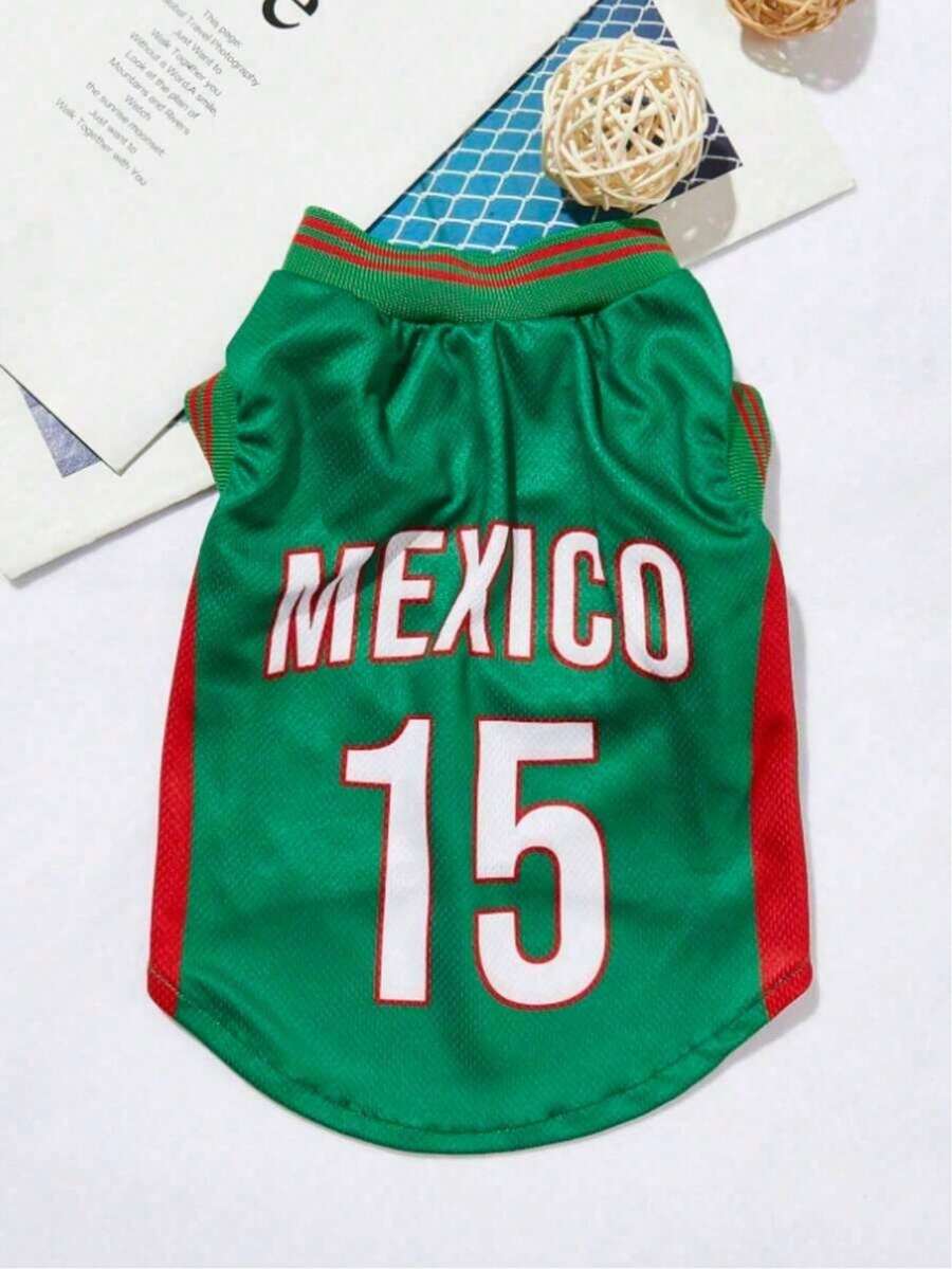 1pc Mexico National Team Style Pet Sports Sweatshirt, Size 15, Striped Design, English Numeral Print, Contrast Collar And Ribbed Cuffs, Suitable For All Pet Breeds, For Pet Lovers - Green - View 1
