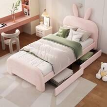 Bed Frame Kids Rabbit White 90x200cm With Drawers - 粉色 - 查看 2