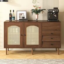 Rustic Style Sideboard With Wicker Doors – 130 X 40 X 75.5cm – Adjustable Shelves – Magnetic Closure - 棕色 - 查看 4