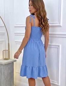 Elastic Waist Tie Strap Ruffle Dress Casual Fabric Ruched Tie-Up Dresses Evening Spring And Summer - 淺藍色 - 查看 2