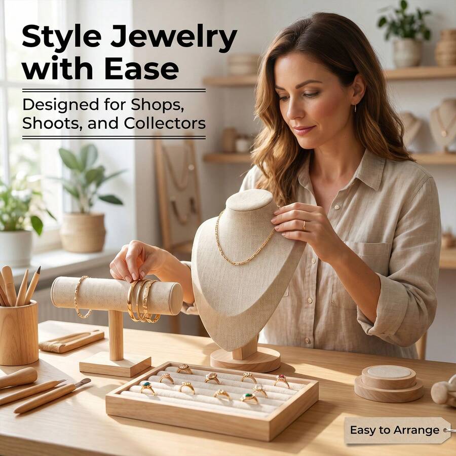 1 set Display Perhiasan Premium untuk Meja Kasir, Rak Kalung Kayu Solid Alami dari Linen, Papan Anting, Tempat Cincin, Stand Display Gelang untuk Toko Ritel - MultiWarna - View 1