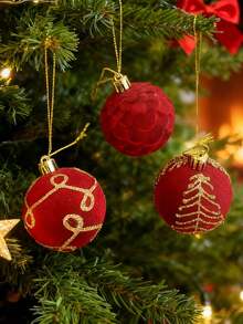 12pcs Burgundy Flocked Christmas Balls, Flocked Christmas Tree Hanging Ornaments, Suitable For Decorating Christmas Tree And Various Holiday Arrangements, Christmas Decorative Balls - Multicolor - View 2