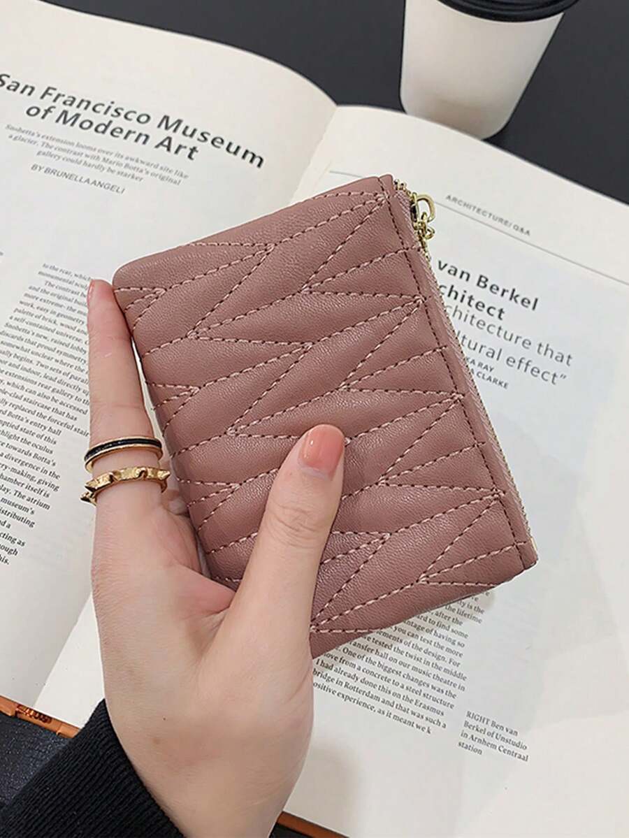 Portefeuille bifold matelassé brodé pour femmes avec poche zippée pour pièces, fentes pour cartes, porte-monnaie multifonction - Rose bonbon - Voir 1