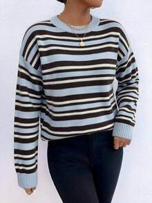 Women's Striped Crew Neck Long Sleeve Pullover Sweater, Casual Ribbed Knit Medium Stretch Top, Suitable For Autumn/Winter Wear - Blue - View 5