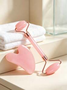 1pc Pink Natural Rose Quartz Facial Roller & Gua Sha Set, Elegant Style Crystal Heart-Shaped With Metal Frame Detail, Facial Massage Function Face Massager Tool, For Skincare Routine Home Spa Daily Use All Season Beauty Gift - Multicolor - View 4