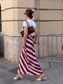 Women's Early Autumn Daily Vacation Casual Commute Elegant Pink Striped Print Midi Skirt - Pink - View 2