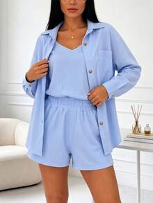 Women's 3-Piece Summer Set Shirt, Minimalist Vacation PJ Set Elegant - Sky Blue - View 8