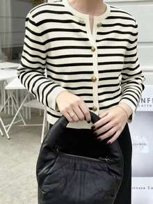 Women's Elegant Striped Crew Neck Knit Cardigan, Versatile Fashion Casual Sweater, Retro Jacket For Commuting, Autumn Fall - Black and White - View 6