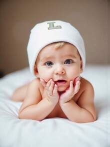 1pc Baby Letter Print Beanie Hat, Newborn Hospital Cap, Suitable For Baby Boys And Girls Daily Warmth And Protection - White - View 4