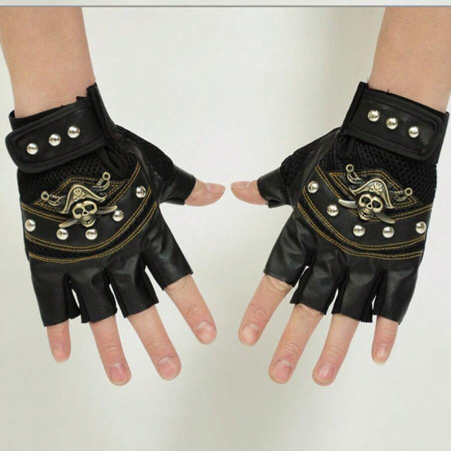 Autumn Winter Warm Half Finger Leather Gloves Unique Pirate Skull Rivet Decor Non Slip Durable Gloves For Men Women Outdoor Cycling Mountaineering - Pirate Black - View 1