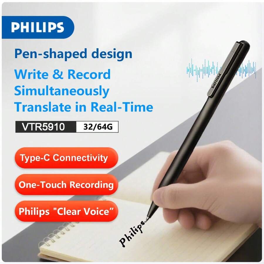 Philips VTR5910 Voice Recorder, Pen-Shaped Design, 32/64GB Memory, Supports Simultaneous Writing And Recording, One-Key Recording, Intelligent Noise Reduction, Type-C Interface For Fast Sharing, Suitable For Lectures, Meetings, Classrooms And Interviews - View 1