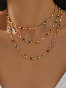 2pcs Elegant Fashion Versatile Oval Colorful Trim Chain Layered Multi-Layer Necklace Set Suitable For Women's Daily Commute, Banquet, Party Wear (Oval Bead Color Quantity Random) - Colorful - View 4