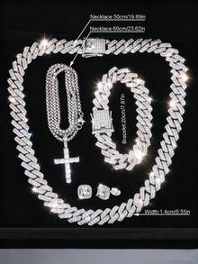 4pcs/Set Cuban Chain Necklace Bracelet Set, With Cross Pendant Necklace And Earrings, Men's Jewelry, Hip Hop Style Cool Jewelry Set, Men's Gift - A - View 6