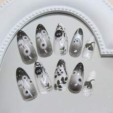 24 Pcs Clear Smudge Press On Nails Short Almond, Fall Winter Fake Nails Press Ons Acrylic Nail Art Tips Kit Full Cover False Nails Glue On Nails With Dandelion Plant Spirit Design For Women - 黑色幽靈 - 查看 4