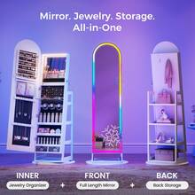 HWB RGB Jewelry Cabinet With Full Length Mirror, 360° Rotating Lockable | 12-Zone Velvet Floor Standing Jewelry Organizer | 108 Earring Slots, 24 Necklace Hooks, RGB+LED, Remote Control, Ideal Gift - White - View 6