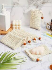 30/10/5pcs Natural Beaded Foam Exfoliating Soap Bag, Dual-Use For Wet And Dry, Reusable, Suitable For All Skin Types, Formaldehyde-Free, Light Beige, For Shower, Bath And Skincare Routine, Minimalist Drawstring Sealed Bathroom Accessory - View 5