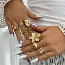 Set Cincin Terbuka Geometris Motif Bunga Kerang Bintang Laut Gaya Laut Vintage 8 Buah, Dapat Ditumpuk, Warna Emas, Berbagai Bentuk Cincin - Emas - View 2