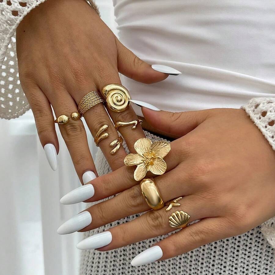 Set Cincin Terbuka Geometris Motif Bunga Kerang Bintang Laut Gaya Laut Vintage 8 Buah, Dapat Ditumpuk, Warna Emas, Berbagai Bentuk Cincin