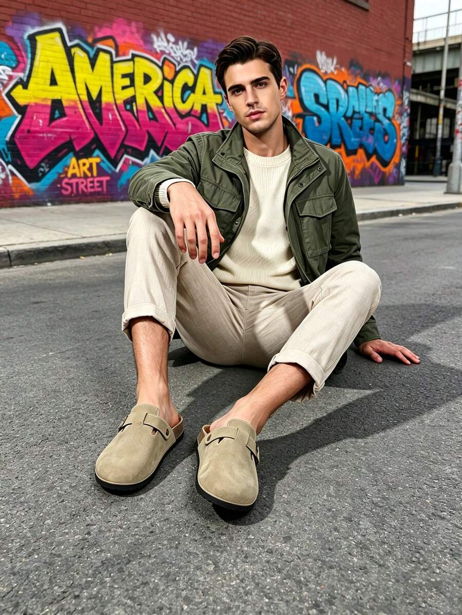 Khaki Indoor/Outdoor Slippers For Men, Slip-On With Soft Lining, Lightweight PVC Sole And Square Metal Buckle Closure
