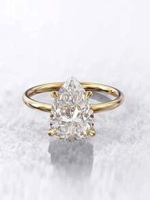 1pc 2ct Moissanite Solitaire Ring, S925 Sterling Silver Gold Plated Teardrop Cut 4-Prong Promise Wedding Ring, Exquisite Bridal Women High-End Jewelry Gift - Style a - Gold - View 2