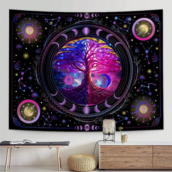 1pc Bohemian Tree Of Life Tapestry, Moon & Sun Pattern Textile Wall Hanging, Printed Rectangular Wall Decor For Living Room Bedroom Kitchen, Includes 3 Wall Nails And 2 Clips, Draping Fabric