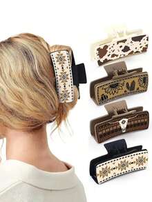 4pcs Western Cowboy Style Bull Head Cactus PU Leather Women's Hair Clips, Bull Head Square Claw Clips With Print, Women's Hair Accessories - Multicolor - View 5