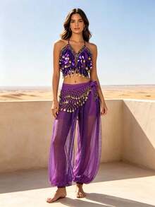 Professional Belly Dance Coin Fringe Halter Crop Top With Waist Scarf, Elastic Waist Dot Mesh Harem Pants For Dance Training, Stage Shows And Competitions - Multicolor - View 23