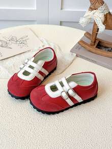 Kids Red White Contrast Double Buckle Non‑Slip Soft Sole Casual Flat Shoes - Red - View 2