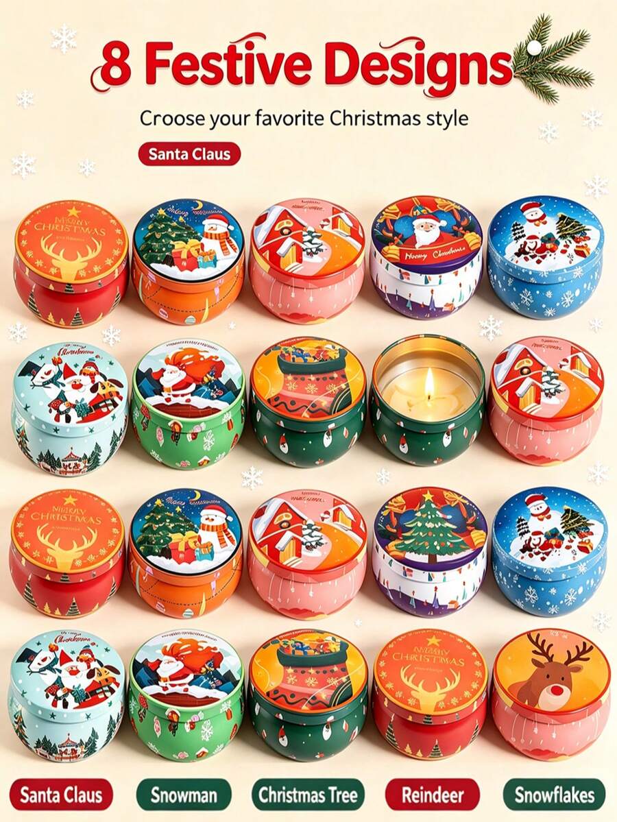 Xmas Candle Making Craft Set 50 Pieces, 10 Random Christmas Pattern Storage Tins Equipped With 40 Professional Candle Making Supplies, Great For DIY Hobby Projects And Brightening Up Holiday Party Scenes