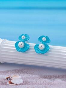 1 Pair Women's Stud Earrings, Fresh Delicate Small Lake Blue Petal Faux Pearl Earrings, Suitable For Daily Wear - Lake Blue - View 2