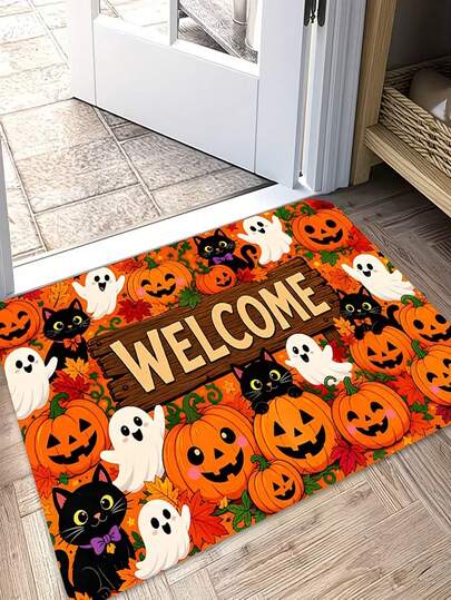 1pc 2D Halloween Theme "Welcome" Doormat, Machine Washable Easy To Clean Polyester Carpet, Suitable For Indoor And Outdoor Decoration (Entryway, Bedroom, Balcony), Perfect As A Gift Or Home Decor
