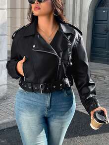 Jaket Pendek Kulit PU Ukuran Besar Wanita Model Vintage Bahu Jatuh Lengan Panjang dengan Sabuk Musim Gugur - Hitam gelap - View 6