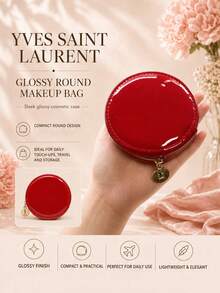 YSL Saint Laurent Red Glossy Round Makeup Pouch, 9*9cm, Synthetic Leather Material, Compact And Lightweight, Suitable For Storing Small Beauty Items, Daily Use And Gifting - Red - View 3