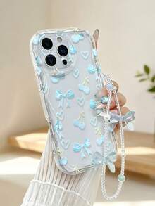 Cherry Transparent Painted Phone Case With Attached Chain, Creamy Wavy Edge, Simple Anti-Drop Thickened Protective Shell, Printed Design, Suitable For Phone Case/Phone Protective Shell/Outer Shell IP 16 IP 11 IP 16 Pro Max/IP 13 IP 11, IP 12, IP 13, IP 16, IP 15, IP 16 Plus, IP 16 Pro Max, IP 17, IP 17 Pro, IP 17 Pro Max - Multicolor - View 5