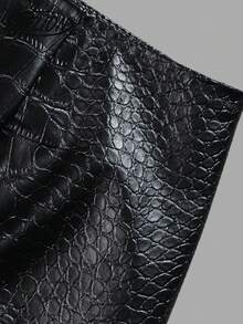 Aflion Rok A-Line Kulit PU Motif Buaya Hitam untuk Wanita Musim Gugur/Musim Dingin, Rok Mini Pinggang Tinggi, Resleting Depan dan Saku, Cocok untuk Pakaian Santai dan Kencan. - Hitam - View 5