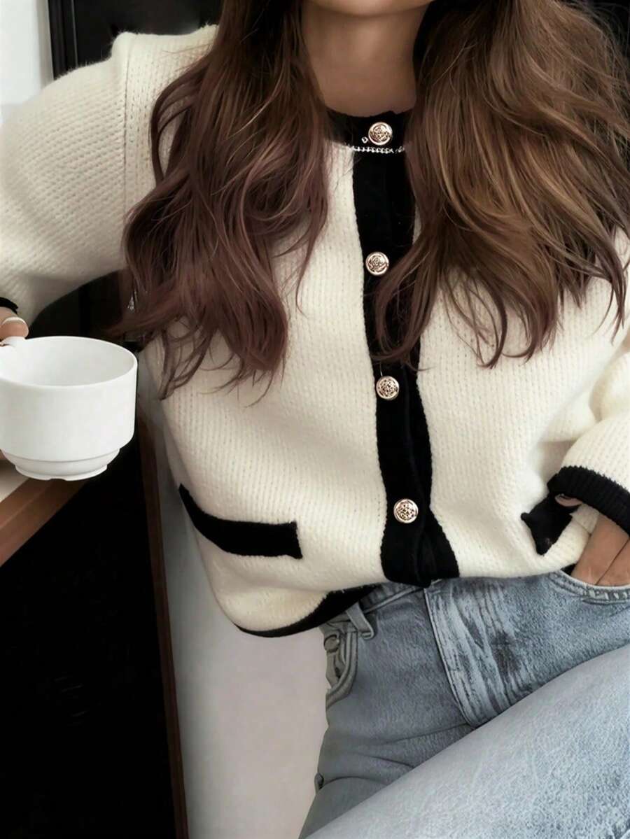 Plus Size Women's Autumn/Winter New White Y2K Color Block Round Neck Long Sleeve Knit Cardigan, Casual Daily Outerwear Fall - Black and White - View 1