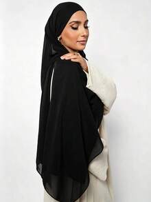 1pc Solid Color Soft Faux Pearl Chiffon Head Scarf For Women, Perfect For Daily Wear Headband Soft Hijab For Abaya Women Veil - Black - View 2