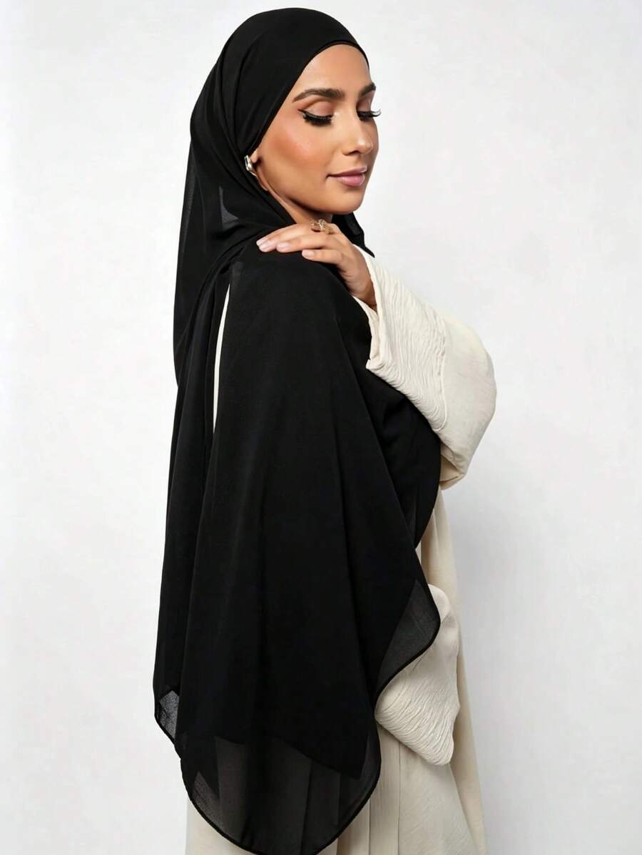 1pc Solid Color Soft Faux Pearl Chiffon Head Scarf For Women, Perfect For Daily Wear Headband Soft Hijab For Abaya Women Veil