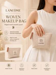 Lancôme 米色編織化妝包，聚酯纖維耐用帆布材質，拉鍊開合，大容量盥洗用品收納包，女性保養品收納袋 - 米色 - 查看 3