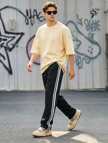 Men's Black Casual Sports Pants, Drawstring Waist With Side Stripe Design, Versatile Straight Leg, Autumn Style - Black - View 6